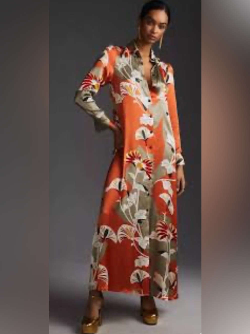 Anthropologie Orange and Taupe Floral Button-Front Midi Dress by CoreyLynnCalter - Picture 7 of 7